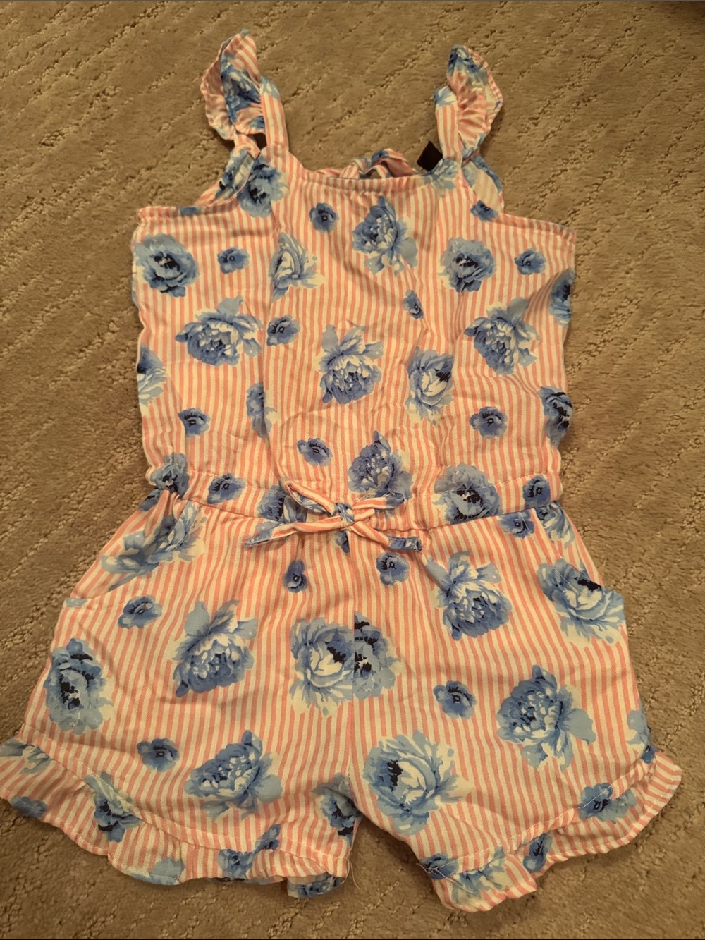 Girls Pink & Blue Floral Stripe Romper with Tie Waist